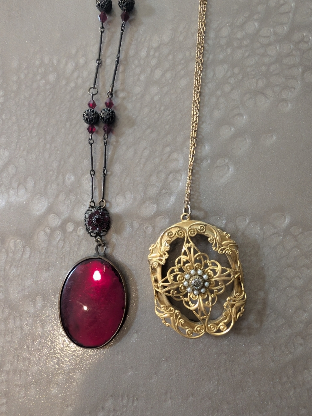Set Of 2: Gold Floral Filigree Pendant Necklace with Deep Red Glass Pendant